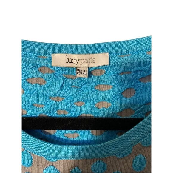 Lucy Paris, gray and blue polkadot, net, short sleeve, sweater, size large - Picture 3 of 3